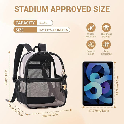 Clear Backpack for Stadium Events Approved 12×6×12, Thick TPU Mini Clear Bag with Front Pocket for Concert Sport Events Work Travel, Black
