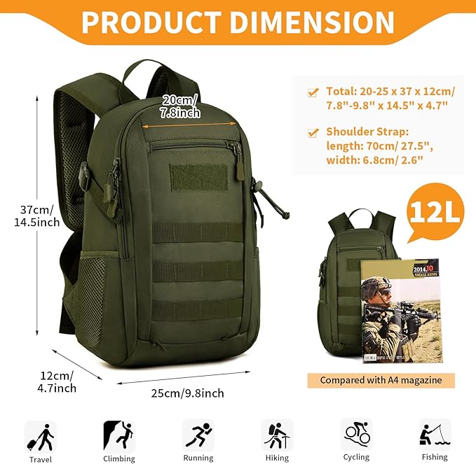 HUNTVP 10L Tactical Backpack Small Backpack Mini Daypack Military MOLLE Rucksack Gear Tactical Assault Pack Bag for Hunting Camping Trekking (10L-Army Green)
