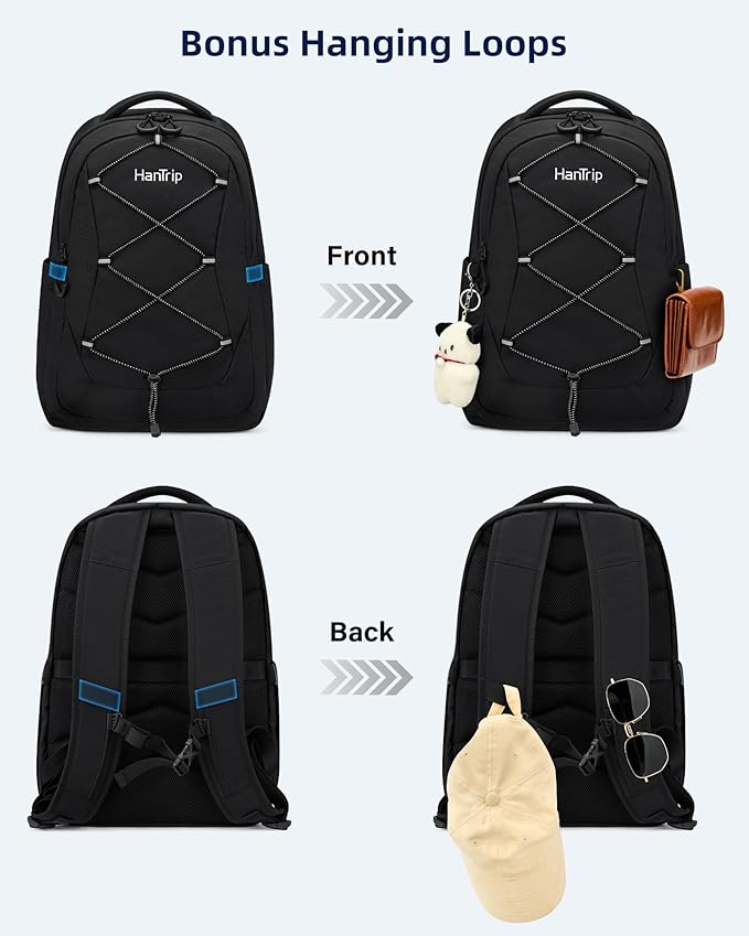 Travel Laptop Backpacks for Women Men, Large Work Backpack for Commuter College School Book Bags, Reflective Water Resistant Backpack with Luggage Strap Water Bottle Pocket Chest Strap, Black
