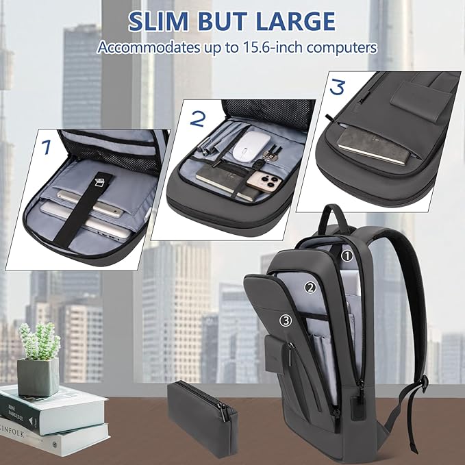 Business Backpack for Men Slim Lightweight Laptop Backpack Water Resistant Small Office Backpack for Commute Travel Daily Office Work with Small Bag (Grey, 15.6")