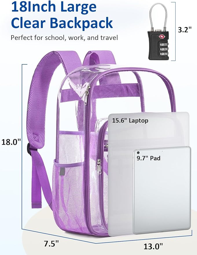 Extra Large Clear Backpack with TSA Lock, Heavy Duty Transparent See Through Clear Bookbag for College, Work, Travel, Casual Sport, Purple
