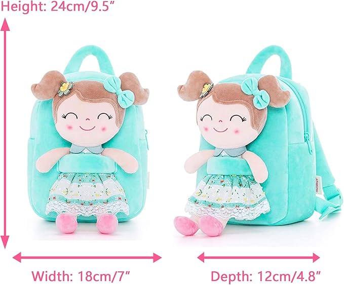 Gloveleya Kids Backpacks Girls Backpack Plush Bags with Soft Baby Doll Green 9" | with Soft Baby Doll