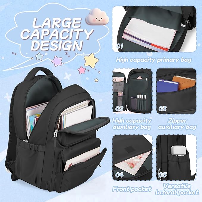 Cute Black Backpack For School Teens Girls Boys, Aesthetic Kids Elementary School Backpacks, Waterproof Middle Students Bookbag, Large Capacity Backpack For College Women Men