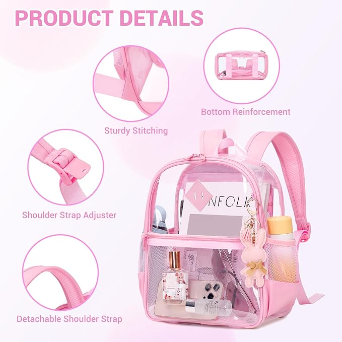 Clear Backpack for Stadium Events Approved 12×6×12, Thick TPU Mini Clear Bag with Front Pocket for Concert Sport Events Work Travel, Pure Pink
