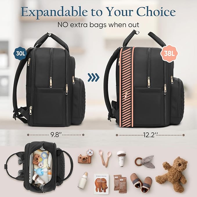 Diaper Bag Backpack - Extra Large Diaper Bag for 2 Kids Twins (Expandable 30-38L) - Travel Baby Backpack with Changing Pad for Mom Dad (Quilted, Water Resistant, Black)