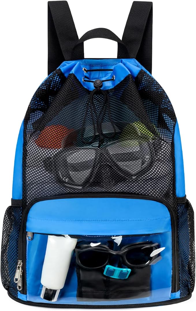 Drawstring Backpack Sandproof Beach Backpack with Shoe Compartment & Wet Pocket Waterproof Mesh Swim Bag Pool Bag for Gym, Travel and Workout Gear (Blue)