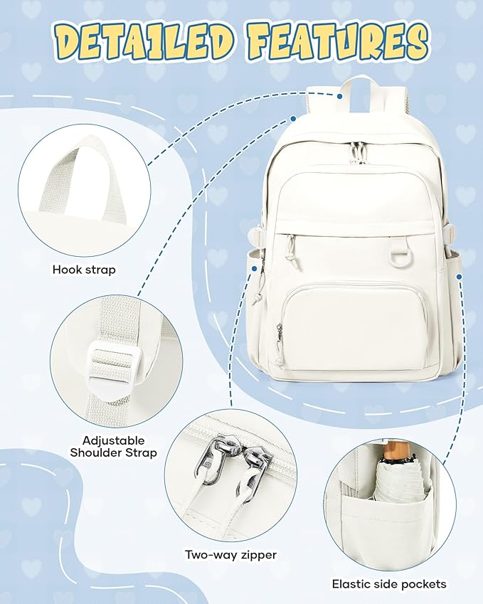 Lightweight Backpack for College & High School Backpack With Lots of Pockets Cute School Bag for Girls Boys, Large Capacity Bookbag for Women Men, Waterproof Teens Casual Daypack Backpack(Beige)