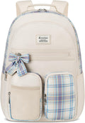 School Backpack for Girls, Cute Kawaii Plaid Kids Bookbag Large 15.6 Inch Laptop Bag for Middle High School College Backpacks for Women Students Teenager, Beige