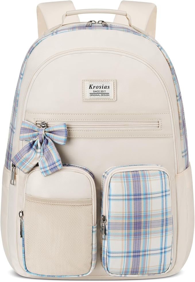 School Backpack for Girls, Cute Kawaii Plaid Kids Bookbag Large 15.6 Inch Laptop Bag for Middle High School College Backpacks for Women Students Teenager, Beige