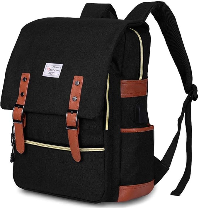 Modoker Eco-Friendly Vintage Laptop Backpack for Women Men,Travel Backpacks with USB Charging Port Fashion Backpack Fits 15.6Inch Notebook, Black