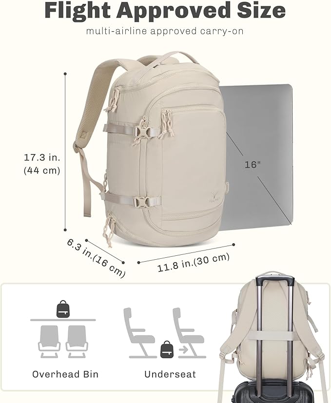 Hynes Eagle Travel Laptop Backpack 16 inches Lightweight Flight Approved Carry on Personal Item Bag Weekender Bag Daypack 20L Beige