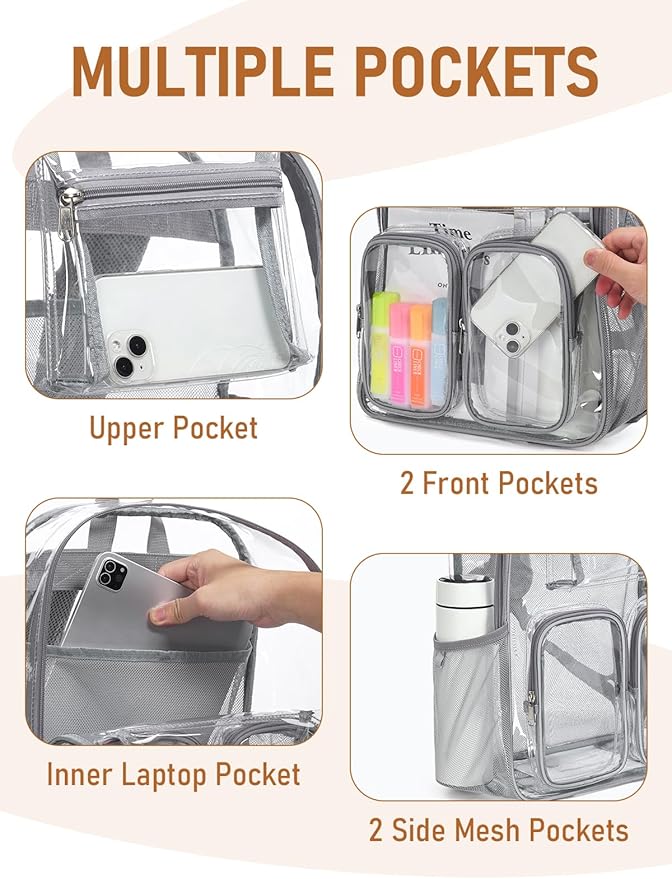 Clear Backpack Heavy Duty for Women Men Boys Girls, Clear Bookbag for School, 17 Inch Transparent Backpack with All-Around Reflective Strips for Work Casual Sport, grey