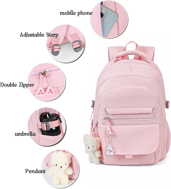 Girls Backpack for College High Middle School Student, Cute Aesthetic Bookbag for Teens Women with Accessories,Pink