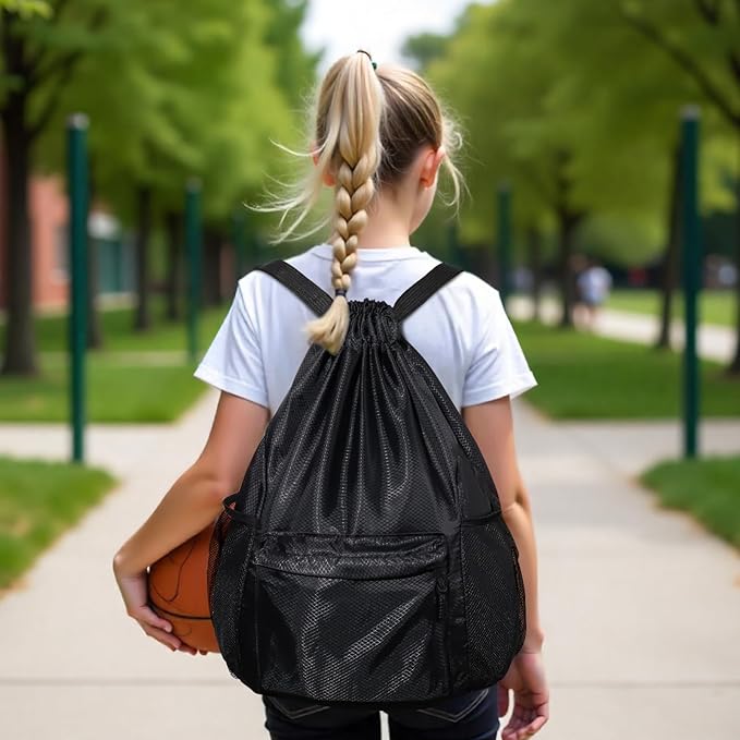 Drawstring Backpack, Gym Bag with Water Bottle Pocket, Drawstring Sackpack, Waterproof String Backpack for Soccer, Basketball, Swim for Women Men