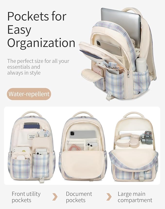 Teen Girl School Backpack, Cute Bookbag with Laptop Compartment for Big Student Women College Mochilas Escolares para Niñas (Beige)