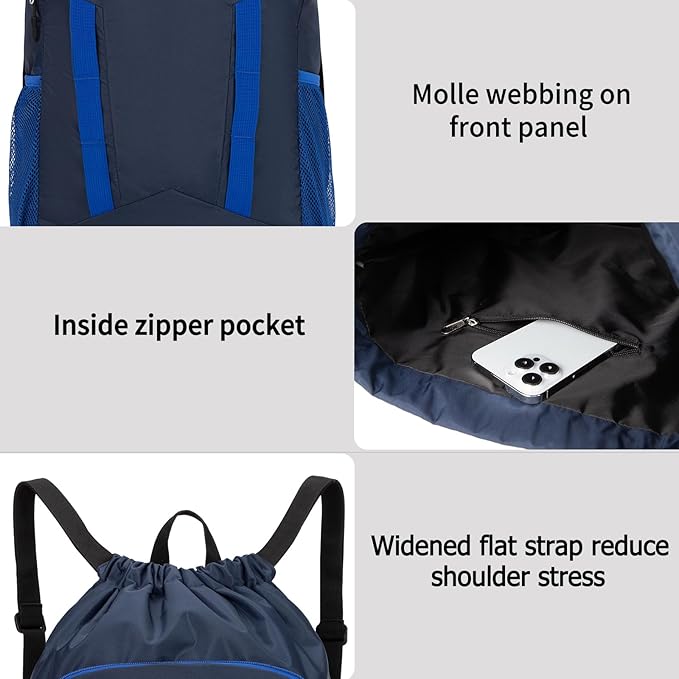Drawstring Backpack for Kids Sports Gym Bag with Shoes Compartment, Water Resistant Beach Swim Bag String Backpack for Boys and Girls, Dark Blue