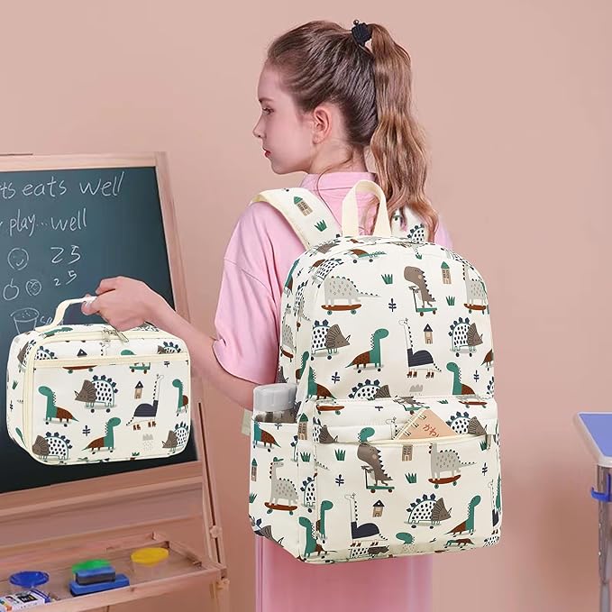 Kids School Backpack with Lunch Box for Boy Kindergarten BookBag School Bag Preschool Kindergarten Toddler Backpack (Dinosaur Beige)