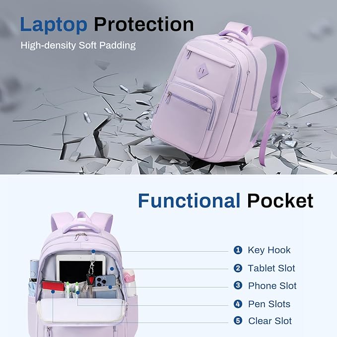 School Backpack for Girls, Lightweight Kids Bookbag Classic College Backpack for Teen Women with Luggage Strap, Age 8-18 Years Old, Purple