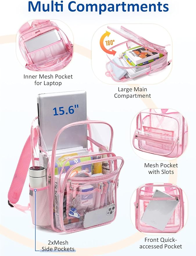 Extra Large Clear Backpack with TSA Lock, Heavy Duty Transparent See Through Clear Bookbag for College, Work, Travel, Casual Sport, Pink