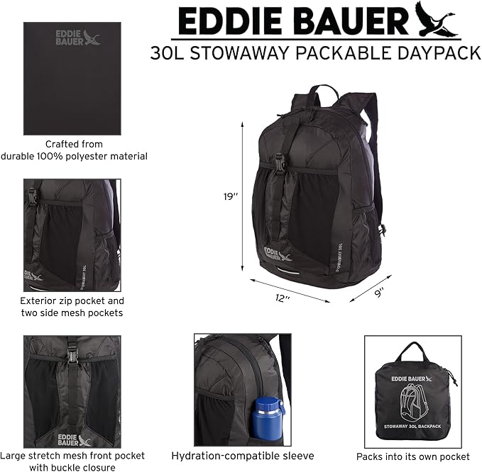 Eddie Bauer Stowaway Packable Backpack | Travel | Outdoor | Lightweight | Foldable | Durable | Ripstop Polyester | 30L - Tobacco