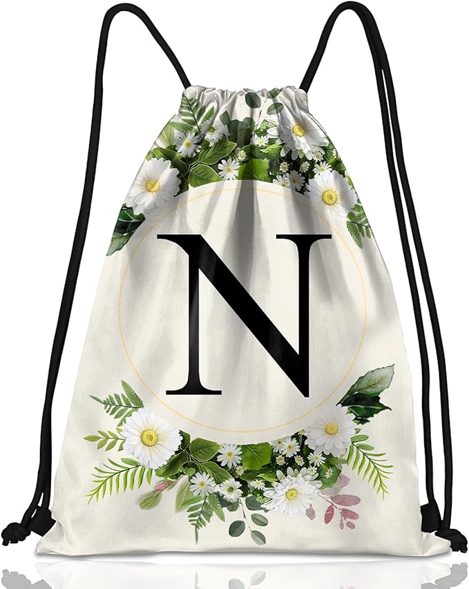 Initial Letter Drawstring Backpack String Sports Gym Bags Waterproof Sackpack Cute for Men Women Beach (13"×17") (Letter-N)
