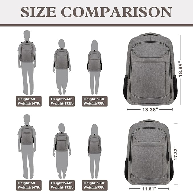 Travel Backpack, Laptop Backpack For Men Women, 17 Inch Water Resistant Slim Casual Daypack College School Travel Computer Nurse Work Bag Gifts for Men & Women, Grey