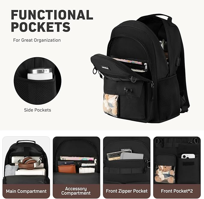 Black Backpack for Women Men, High School Bookbag for Teen Boys and Girls 15.6 Inch Laptop Bag with USB Charger for College Travel Business