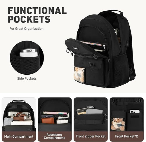 Black Backpack for Women Men, High School Bookbag for Teen Boys and Girls 15.6 Inch Laptop Bag with USB Charger for College Travel Business