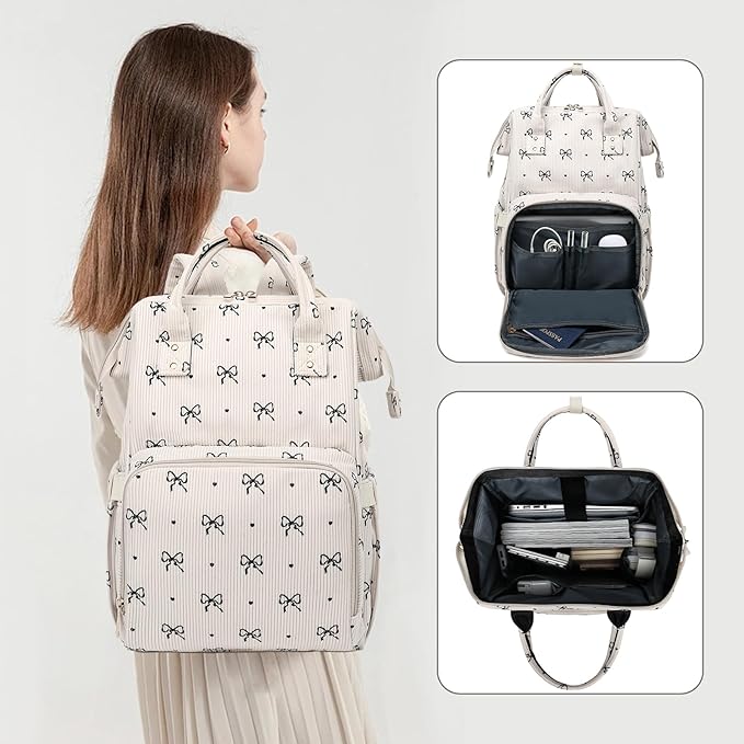 Laptop Backpack for Women, Corduroy College School Backpack Bookbag 15.6 inch Business Computer Travel Backpack (Bow Tie)