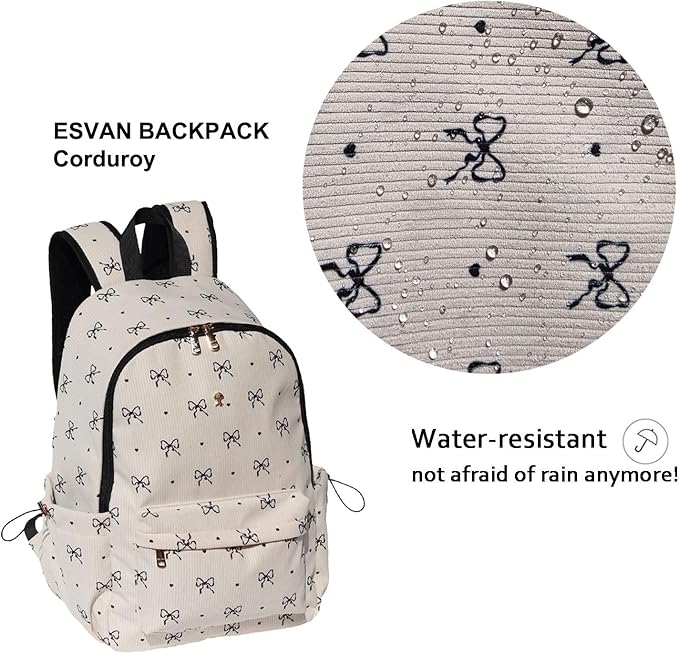 ESVAN Corduroy Backpack Lightweight Fashion 17 inch Laptop Bag for Women Casual College (Corduroy bow)