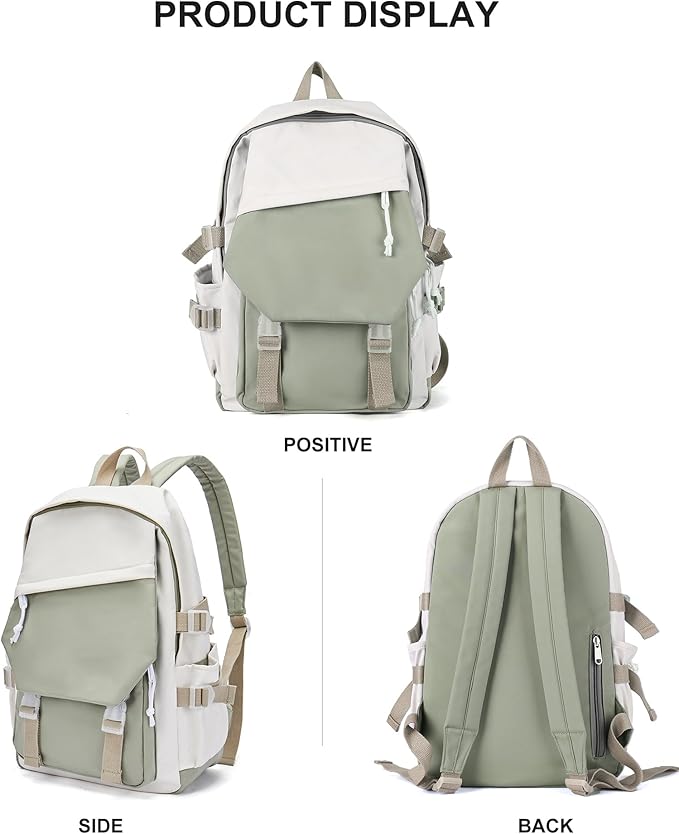 coowoz School Backpack Kids College Aesthetic Cute Backpack Lightweight Casual Daypack Laptop Backpacks Men Women Rucksack Sport High Middle School Bookbag for Girls Boys Gray Green white