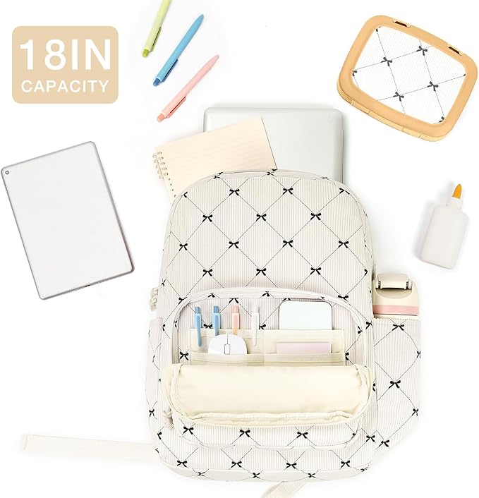 mibasies School Backpack for Girls with Laptop Sleeve: 18IN Large Capacity Corduroy Bookbag for Primary Middle School/College, Travel Daypack for Teens Women - Beige Bow