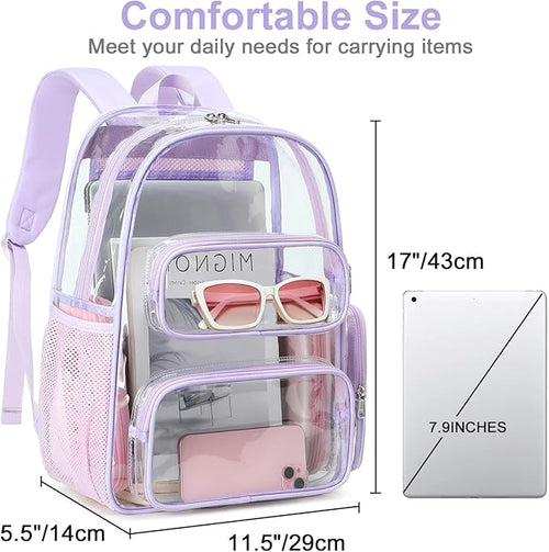 BTOOP Clear Backpack Heavy Duty Transparent Backpack 17" See Through Bookbag for College Work Festival Security Padded Strap (Purple)
