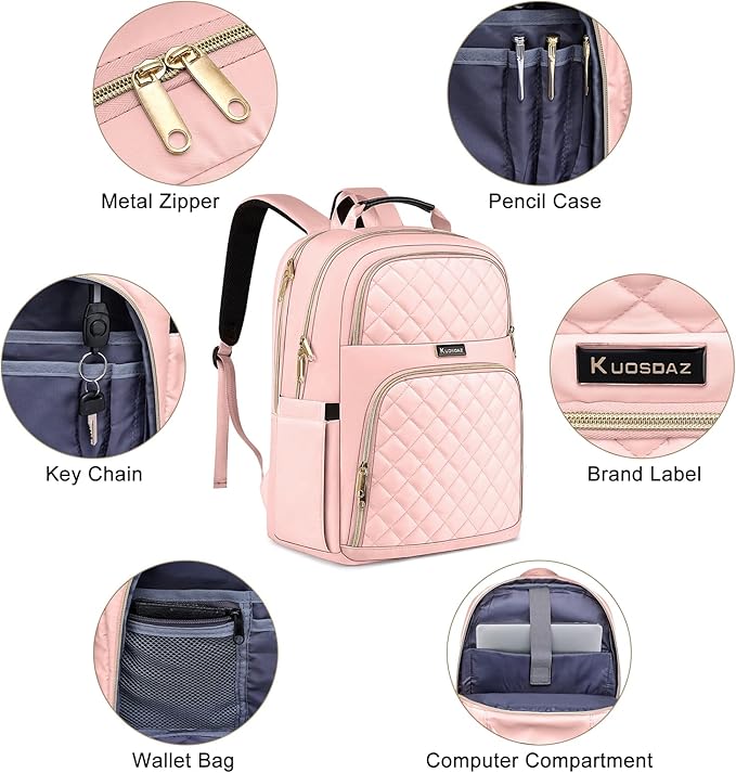 Backpacks for Women, Cute School Backpack for Teen Girls, 15.6 Inch Cute Quilted Laptop Backpack, Large Bookbag for Middle School College Students, Pink