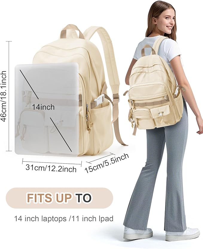 Aesthetic School Backpack for Women Men College Backpack With Lots Of Pockets Waterproof Travel Casual Daypack Cute Bookbag For Teens Girls Boys High School Bag(Beige)