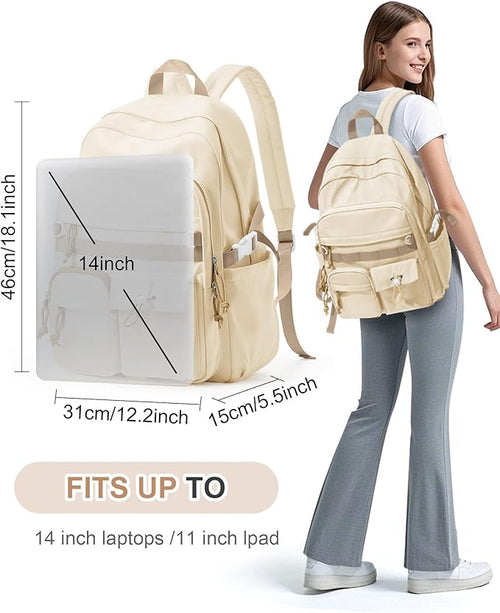 Aesthetic School Backpack for Women Men College Backpack With Lots Of Pockets Waterproof Travel Casual Daypack Cute Bookbag For Teens Girls Boys High School Bag(Beige)