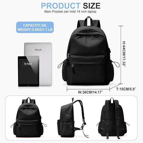 Black School Backpack for Teens Boys Girls Cute Corduroy Bookbag Classic Casual High School Bag Lightweight College Backpack For Women Men