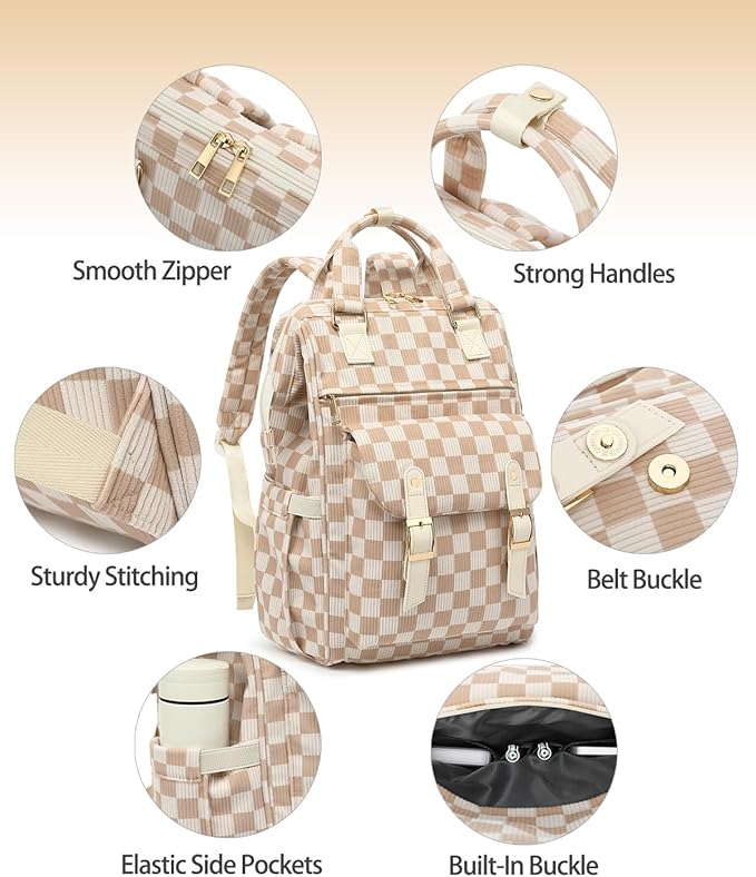 Laptop Backpacks for Women, Corduroy High School College Bookbag 15.6 Inch Laptop Bags for Girls Travel Daypack - Checkered Brown