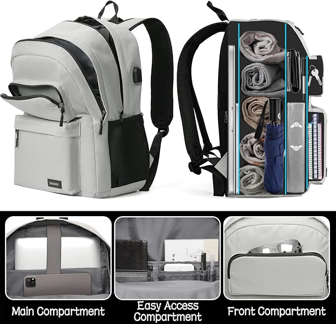 School Backpack for Teen Boys and Girls, Travle Laptop Backpack for men and women, Carry-on Lightweight Casual Bookbag with USB Charging Port Fit 17.3 Inch Laptop, Grey