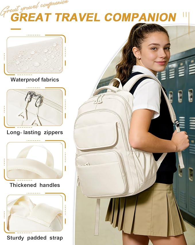 School Backpack for Girls, High Elementary School Laptop Backpack College Student Women Bookbag, Mochilas Escolares para Niñas, Teens Girls Bookbag Casual Daypack, Beige