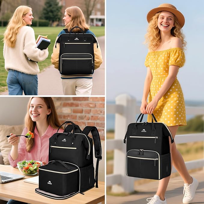 MATEIN Lunch Backpack, 15.6 Inch Laptop Backpack with Lunch Box, Stylish Nurse, Teacher Work Backpacks with Insulated Compartment, Meal Prep Bag for Women Men Commute Outdoor Picnic Camping, 2Pcs Set