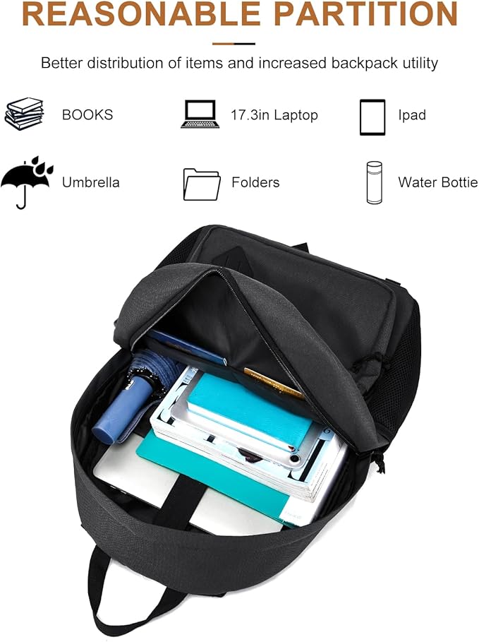 Black Backpack for School Teen Boys & Girls, Lightweight Casual Backpacks for Men and Women, Classic Basic Water Resistant Casual Daypack Fit 17.3 Inch Laptop