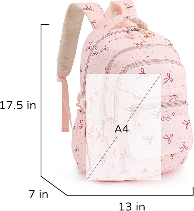 Phaoullzon Girls School Coquette Backpack for Kids Kawaii Bows Bookbag College Daypack,Pink Bow