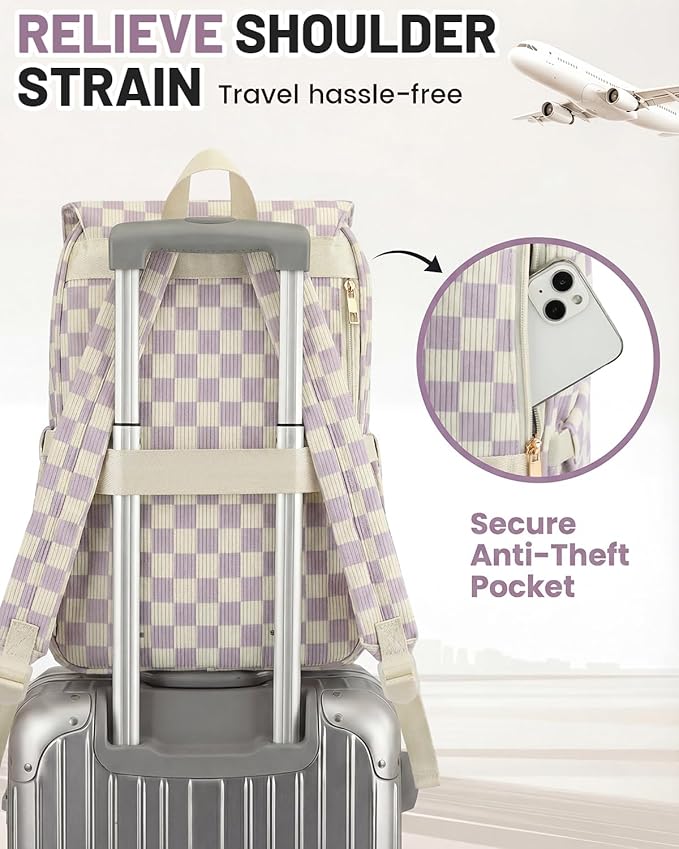 Corduroy Laptop Backpack for Women, Fits 15.6 Inch Computer Bag, College High School Bookbag Travel Daypack Purse, Work Business Bags - Corduroy Checkered Purple