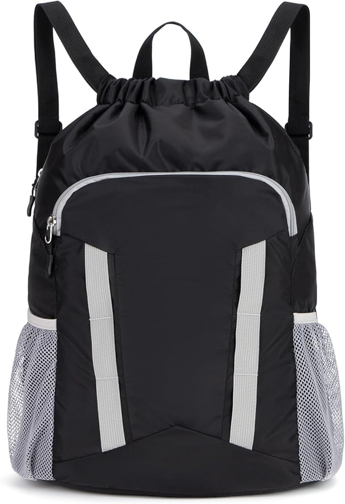 Drawstring Backpack for Kids Sports Gym Bag with Shoes Compartment, Water Resistant Beach Swim Bag String Backpack for Boys and Girls, Black