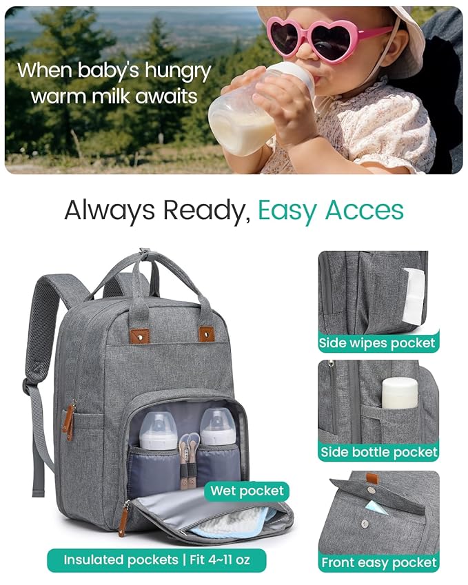 Extra Large Diaper Bag Backpack for Two Kids Twins - Expandable Baby Bag (26-36L), Dual Big Compartments - Includes Changing Pad & Stroller Straps, Unisex Grey