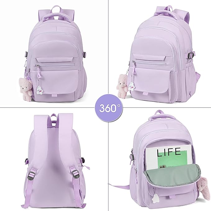 Girls Backpack for College High Middle School Student, Cute Aesthetic Bookbag for Teens Women with Accessories，Purple