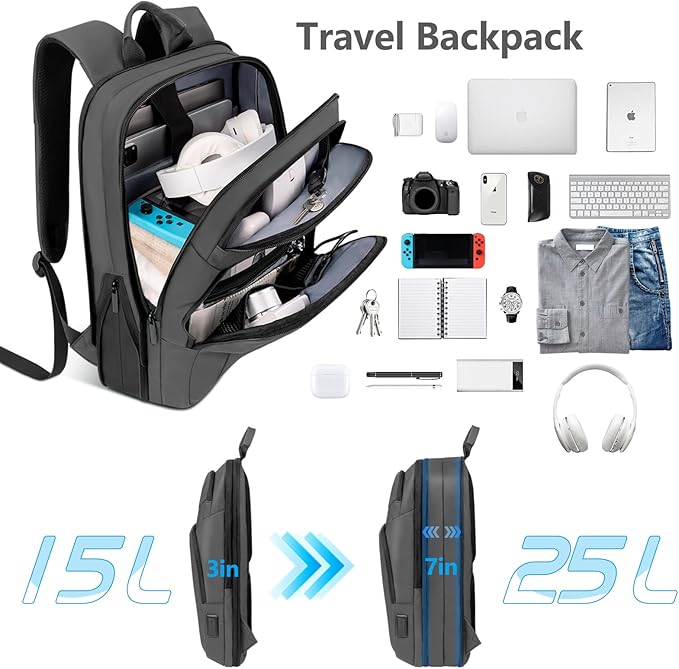 Backpack for Men Slim & Expandable Travel Laptop Backpack with USB Charging Port Water Resistant Anti-Theft Business Backpack Fits 15.6In Laptop for Commute Work College with Small Bag(Simple Gray)