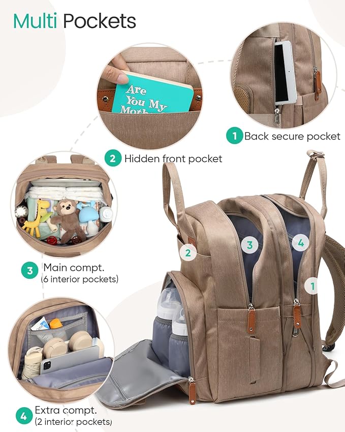 Extra Large Diaper Bag Backpack for Two Kids Twins - Expandable Baby Bag (26-36L), Dual Big Compartments - Includes Changing Pad & Stroller Straps, Unisex Premium Khaki
