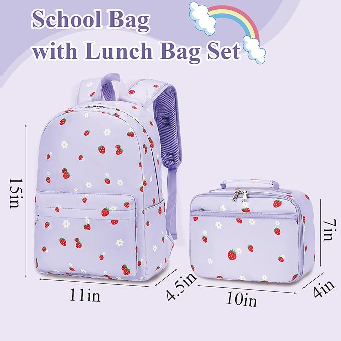 LEDAOU Kids School Backpack with Lunch Box for Girls Kindergarten Elementary BookBag School Bag Preschool Toddler Backpack(Purple Strawberry)